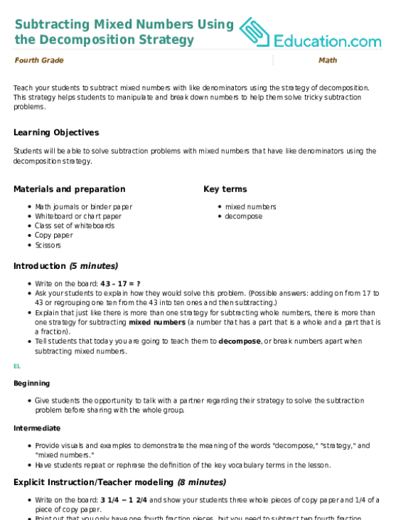 Subtracting Mixed Numbers Using the Decomposition Strategy