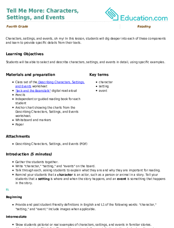 Tell Me More: Characters, Settings, and Events