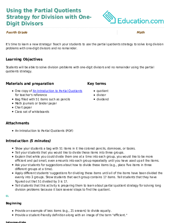 Using the Partial Quotients Strategy for Division with One-Digit Divisors