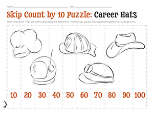 Skip Count by 10 Puzzle: Career Hats