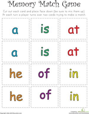 Sight Word Memory Match II