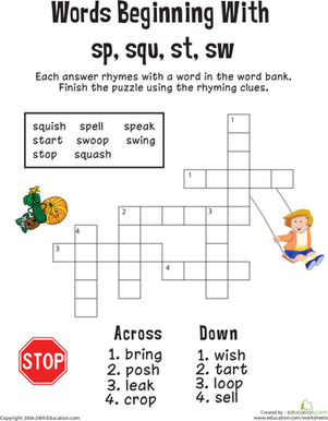 Consonant Crossword: Words Beginning with Sp, Squ, St, Sw