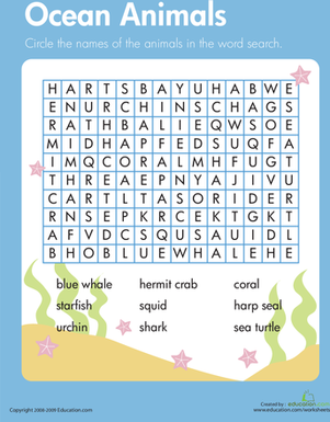 Habitats Word Search: Ocean Animals