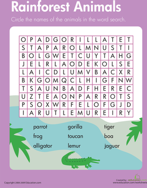 Habitats Word Search: Rainforest Animals