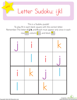 Lowercase Letter Sudoku: ijkl