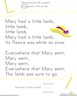 Letter L: Mary Had a Little Lamb