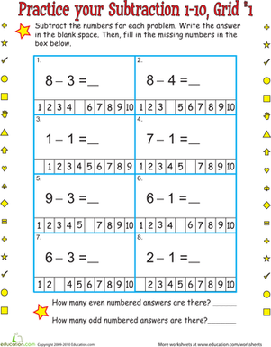 Practice One-Digit Subtraction Grid 1