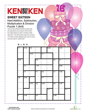 KenKen Printable: Sweet Sixteen 