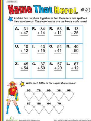 Name That Hero! Two-Digit Addition #4
