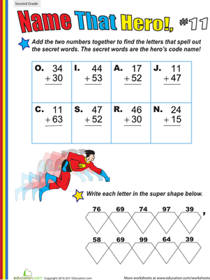 Name That Hero! Two-Digit Addition #11