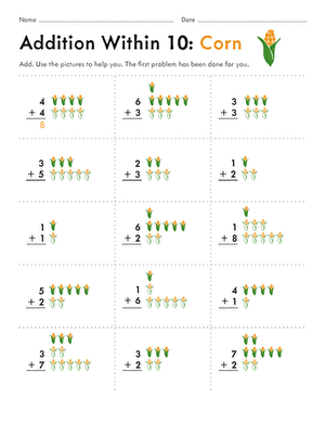 Addition Within 10: Corn