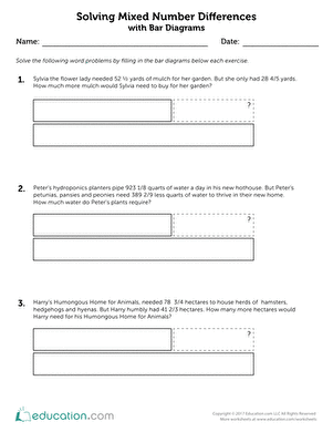 Mixed Number Differences with Bar Diagrams | Worksheet | Education.com