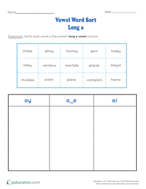 Long A Vowel Word Sort