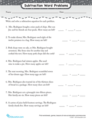 Subtraction Fact Word Problems