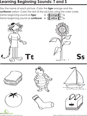 Beginning Sounds: T and S | Worksheet | Education.com