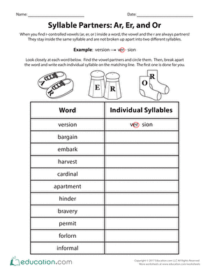 Syllable Partners: Ar, Er, and Or