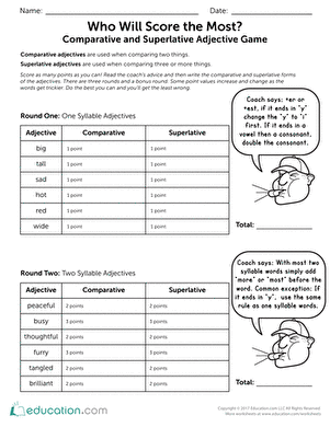 Who Will Score the Most? Comparative and Superlative Adjective Game