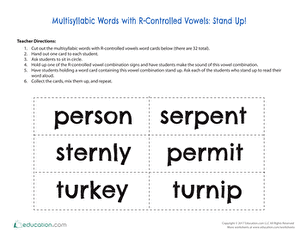 Multisyllabic Words with R-Controlled Vowels: Stand Up!