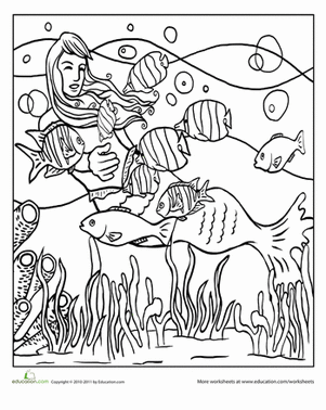 Color the Mermaid and Her Fish Friends