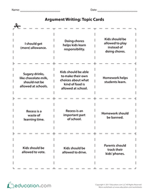 Argument Writing: Topic Cards