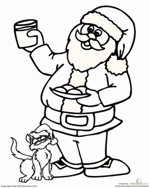 Santa Claus and Cat Coloring Page