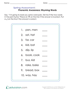 Spring Assessment Phonemic Awareness: Rhyming Words