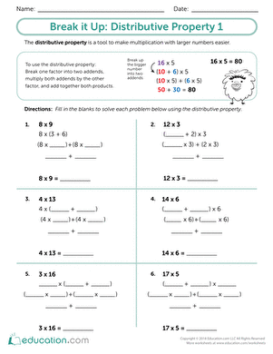 Break it Up: Distributive Property 1 | Worksheet | Education.com