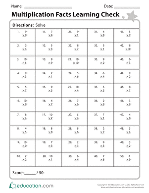 Multiplication Facts Learning Check
