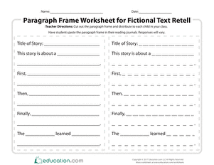 Paragraph Frame Worksheet for Fictional Text Retell
