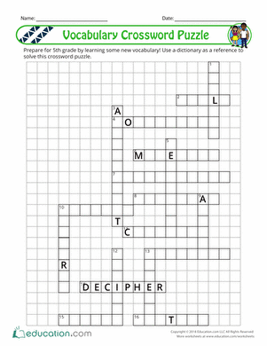 5th Grade Vocabulary Crossword Puzzle