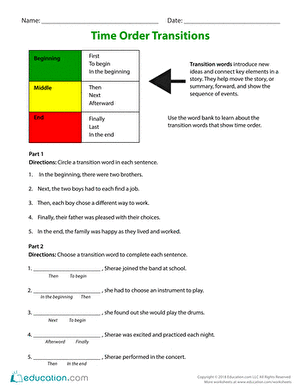 Time Order Transitions | Worksheet | Education.com