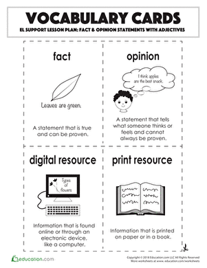 Vocabulary Cards: Fact & Opinion Statements with Adjectives