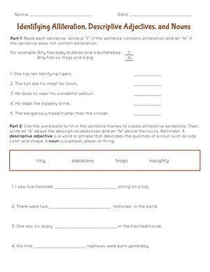 Identifying Alliteration, Descriptive Adjectives, and Nouns