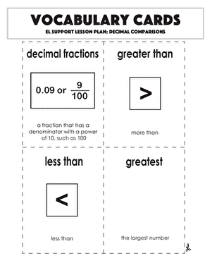 Vocabulary Cards: Decimal Comparisons