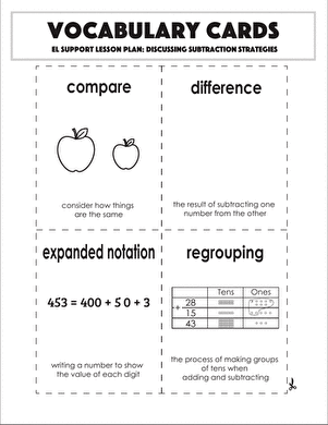 Vocabulary Cards: Discussing Subtraction Strategies