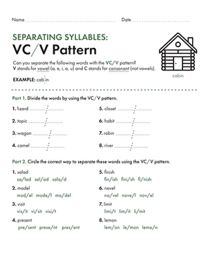 Separating Syllables: VC/V Pattern