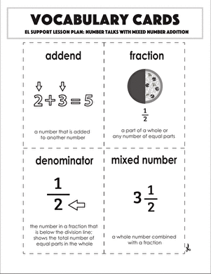 Vocabulary Cards: Number Talks with Mixed Number Addition