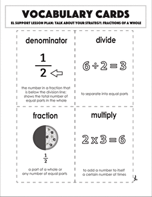Vocabulary Cards: Talk About Your Strategy: Fractions of a Whole