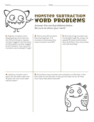 Monster Subtraction Word Problems