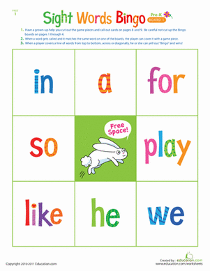 Pre-Kindergarten Sight Words Bingo