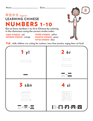 Learn Chinese: Color the Stroke Order, Numbers 1-10