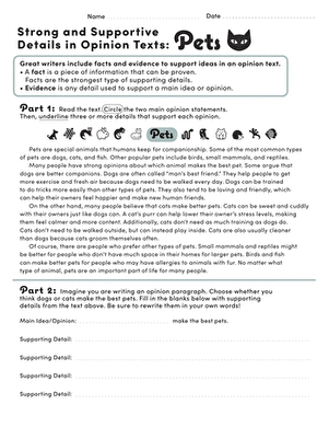 Strong and Supportive Details in Opinion Texts: Pets