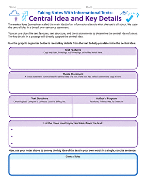 Taking Notes With Informational Texts: Central Idea and Key Details