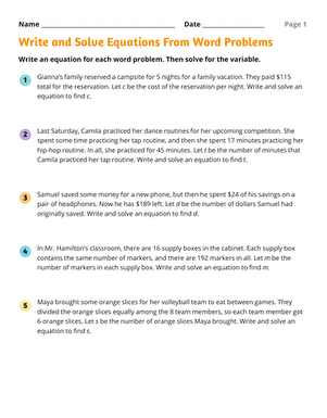 Write and Solve Equations From Word Problems
