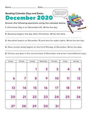 December 2020 Calendar: Days and Dates