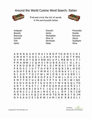 Around the World Cuisine Word Search: Italian