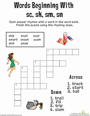 Consonant Crossword: Words Beginning with Sc, Sk, Sm, Sn