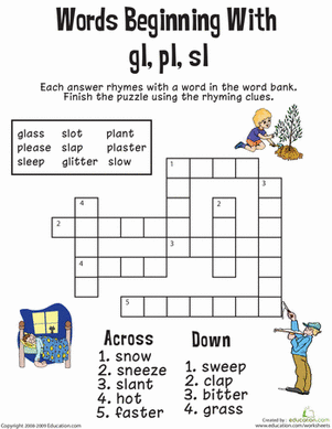 Consonant Crossword: Words Beginning with Gl, Pl, Sl