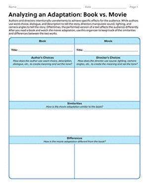 Analyzing an Adaptation: Book vs. Movie