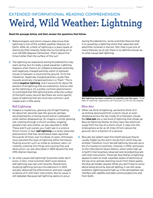 Extended Informational Reading Comprehension: Weird, Wild Weather: Lightning 
